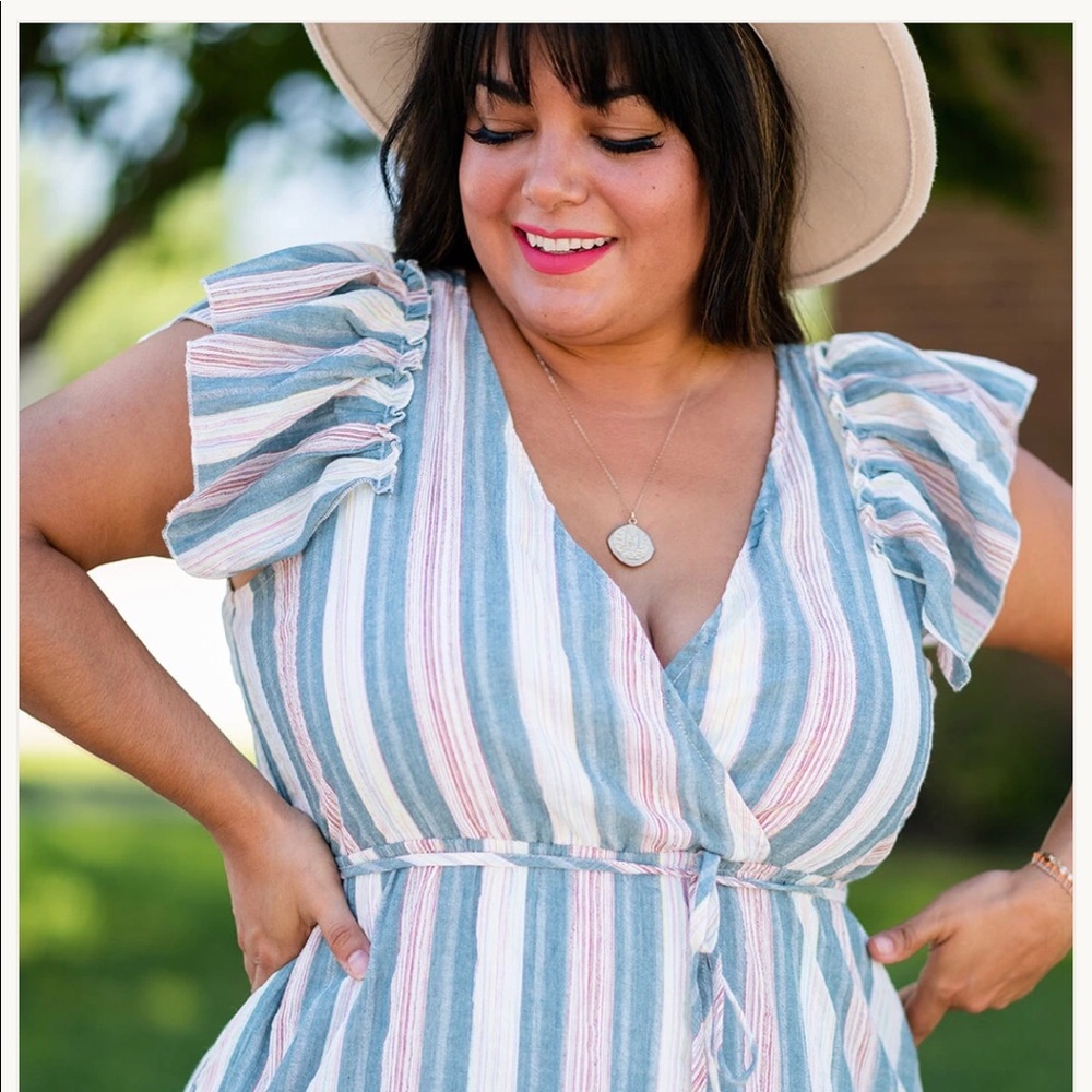 Cotton double V-neck ruffle sleeve dress